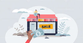 Business for sale and offer to buy retail shop company tiny person concept