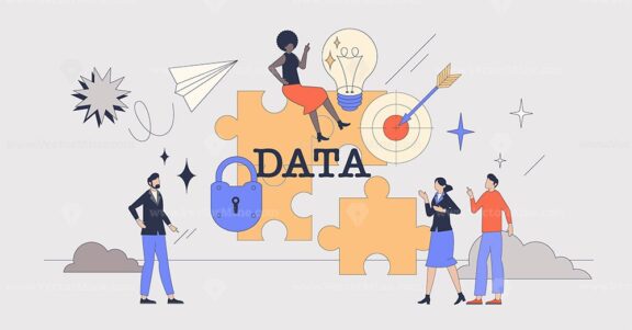 Business intelligence platforms and web data tools retro tiny person concept