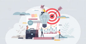 Business portfolio and statistics data about company tiny person concept