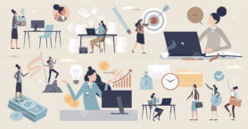 Business woman and female company leader or boss tiny person collection set