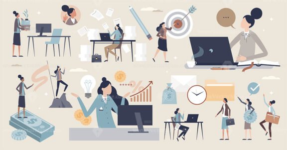 Business woman and female company leader or boss tiny person collection set