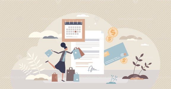 Buy now pay later financial deal for shopping on loan tiny person concept