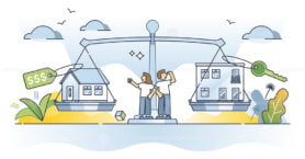 Buying vs renting house as real estate property choice outline concept