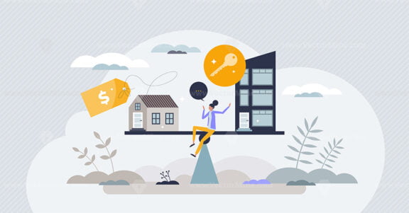 Buying vs renting property as real estate choice options tiny person concept