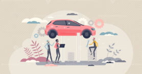 Car mechanic occupation with vehicle repair job skills tiny person concept