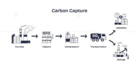 Carbon capture involves capturing CO2 from sources, compressing it, and transporting for storage or utilization. Diagram