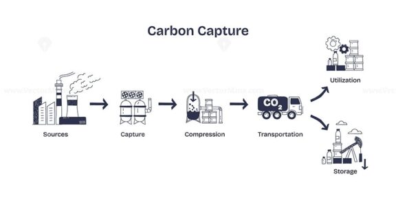 Carbon capture involves capturing CO2 from sources, compressing it, and transporting for storage or utilization. Diagram
