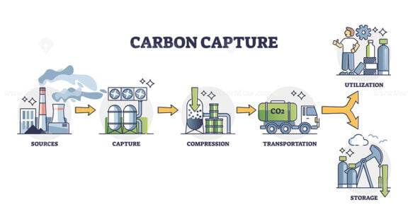 Carbon capture with compression and transport for utilization outline diagram