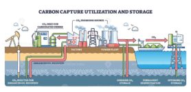 Carbon capture process showing CO2 capture, utilization, and storage with factory, power plant, and offshore storage. Outline diagram