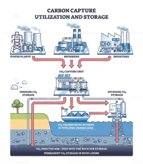 Carbon capture involves capturing CO2 from power plants, refineries, and industries, then storing it onshore or offshore. Outline diagram
