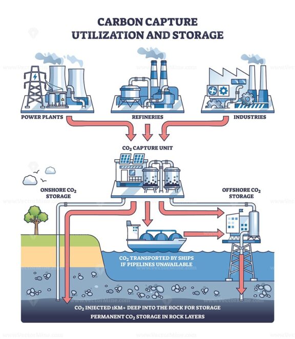 Carbon capture involves capturing CO2 from power plants, refineries, and industries, then storing it onshore or offshore. Outline diagram