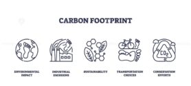 Carbon footprint icons highlight environmental impact, industrial emissions, and sustainability. Outline icons set.