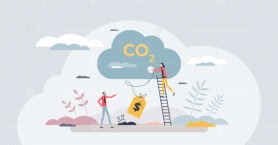 Carbon tax payment and cost for fossil CO2 emitting tiny person concept