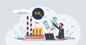 Carbon tax payment as factory CO2 gas emissions charge tiny person concept
