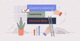 Career building blocks as skills growth tiny person neubrutalism concept