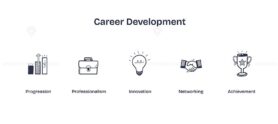 Career development focuses on growth, innovation, and achievement with icons like a lightbulb, briefcase, and trophy. Doodle style icons