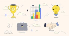 Neubrutalism style collection depicting career development with key objects, trophy, bar chart, and light bulb.
