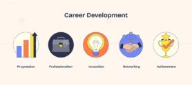 Career development depicted with a graph, briefcase, and lightbulb symbolizing growth, professionalism, and innovation. Neubrutalism style