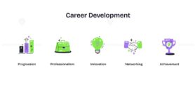 Career development depicted with icons of growth, innovation, and networking. Playful style icons