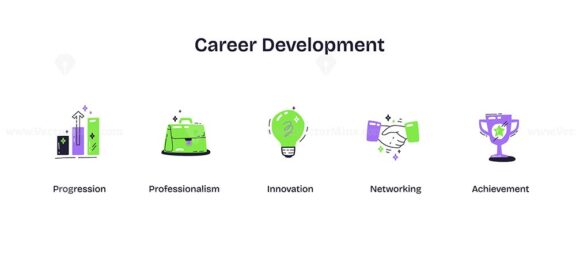 Career development depicted with icons of growth, innovation, and networking. Playful style icons
