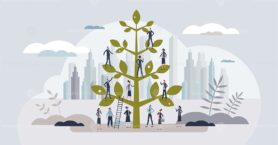 Career growth and business development with progress tiny person concept