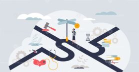 Career journey and crossroads with professional decisions tiny person concept