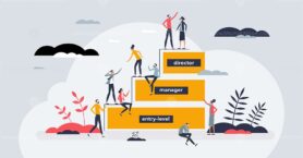 Career ladder for professional growth and development tiny person concept