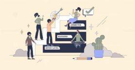 Career ladder and personal job development tiny person neubrutalism concept