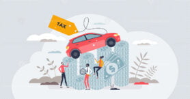 Cars tax as financial annual payment for road taxation tiny person concept