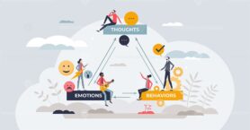 CBT or cognitive behavioral therapy for mental problems tiny person concept