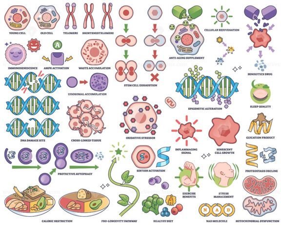 Cellular aging and senescence illustrated with telomeres, DNA, and mitochondria as key objects, showing biological aging processes. Outline style collection
