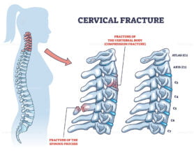 Cervical fracture and human spine and vertebrae damage outline diagram