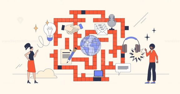 Challenges, complexities of business communication retro tiny person concept