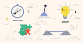 Change management visual with compass, lever, and light bulb symbolizing direction, transition, and innovation. Neubrutalism style collection