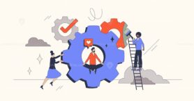 Change management strategy for company evolution retro tiny person concept