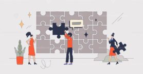 Change management and effective company transition retro tiny person concept