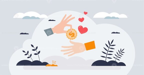 Charity and donation as financial support to poor tiny person hands concept