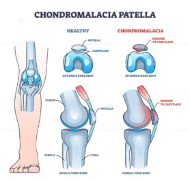 Chondromalacia patella knee breakdown compared with healthy outline diagram