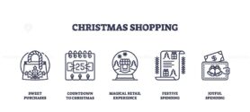Christmas shopping icons depict holiday spending, countdown, and festive purchases. Outline icons set