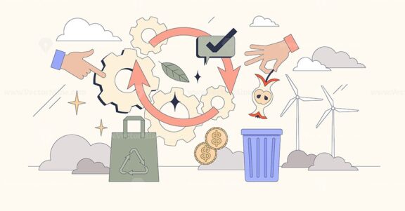 Circular economy with responsible recycling tiny person neubrutalism concept