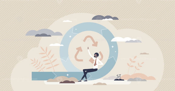 Circular economy company type with recycling strategy tiny person concept
