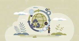 Circular economy model for sustainable resources saving tiny person concept