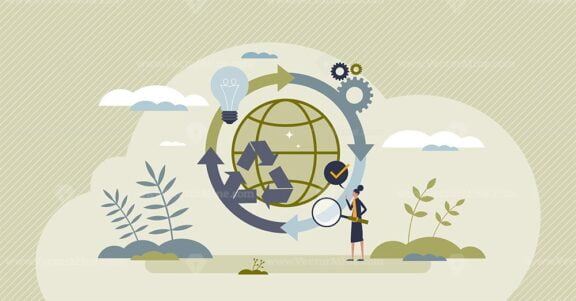 Circular economy model for sustainable resources saving tiny person concept
