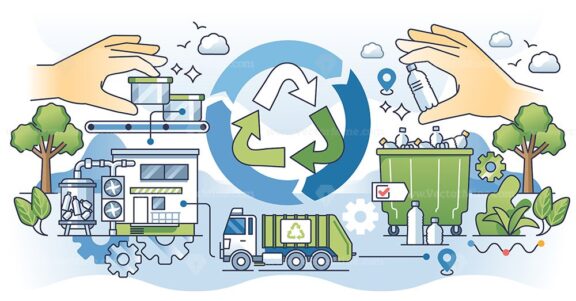 Circular economy and green, continuous manufacturing outline hands concept