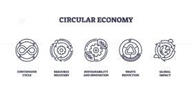 Circular economy focuses on sustainability with icons of recycling, resource recovery, and innovation. Outline icons set.
