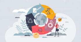 Circular economy system with resources saving strategy tiny person concept