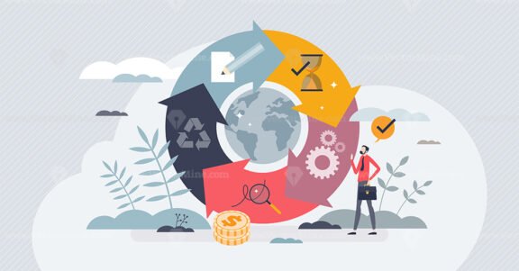 Circular economy system with resources saving strategy tiny person concept