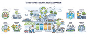 City scenes and recycling revolution for garbage management outline set