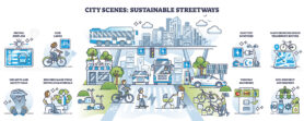 City scenes with sustainable streetways in urban environment outline set