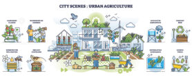 City scenes and urban agriculture as fresh food growth outline collection set